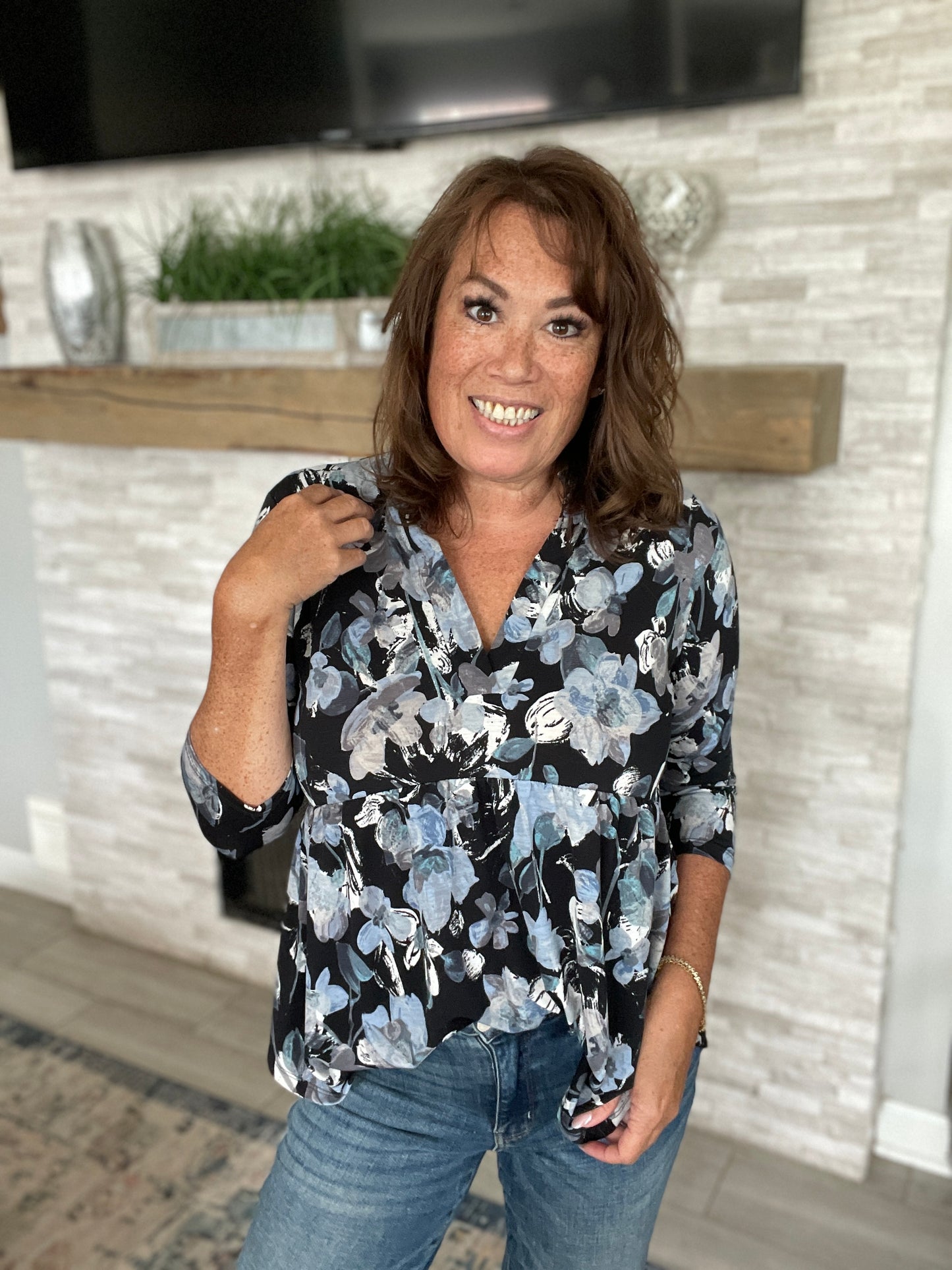 Blue/Black Floral Babydoll Top - Medium