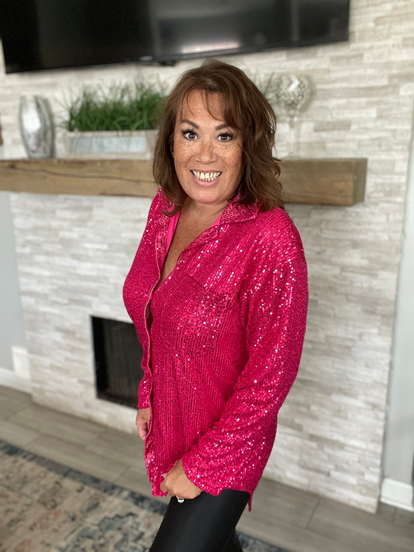 Attention Seeker Sequin Button Up Top Hot Pink NWT - Size Med