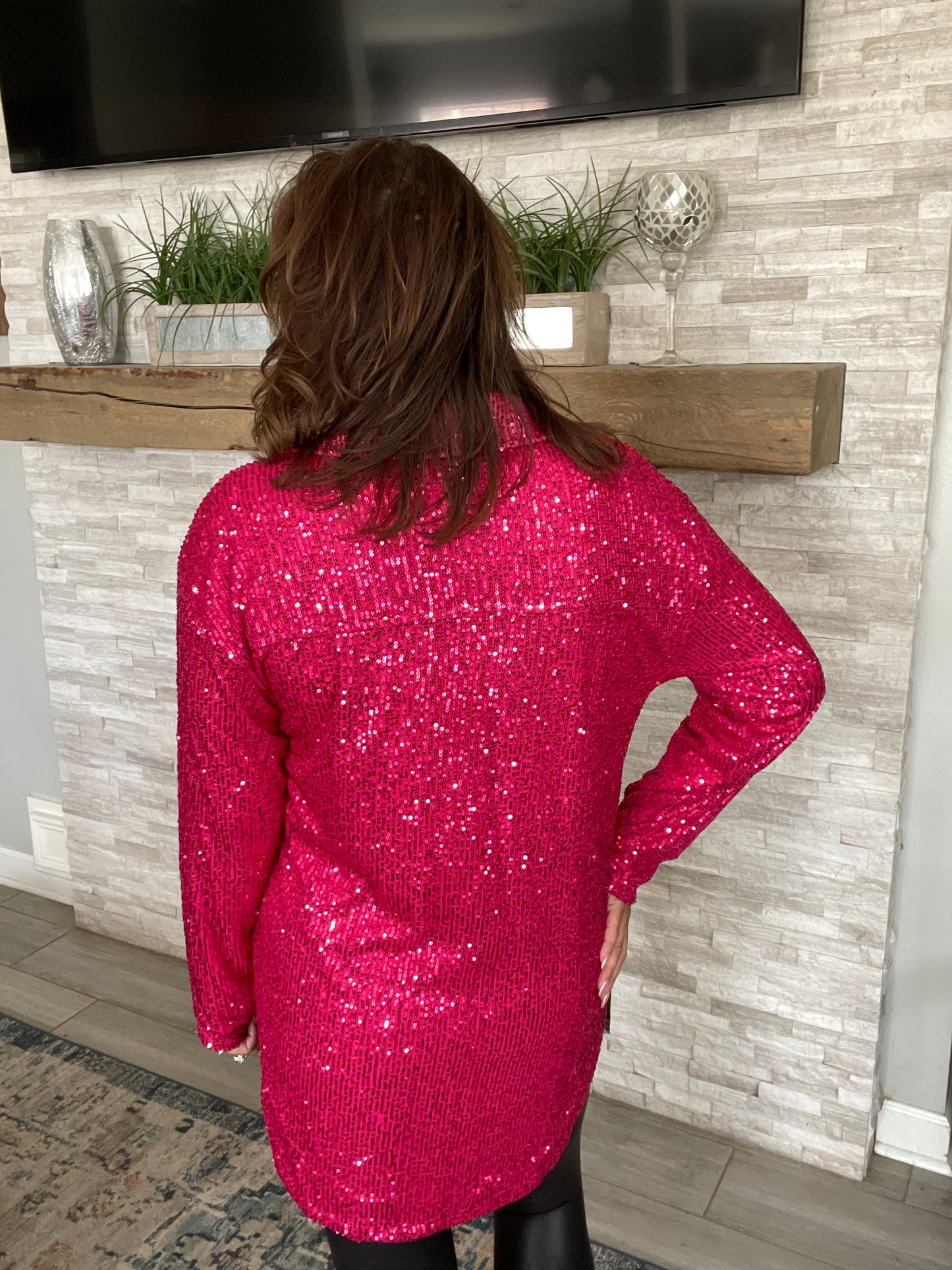 Attention Seeker Sequin Button Up Top Hot Pink NWT - Size Med