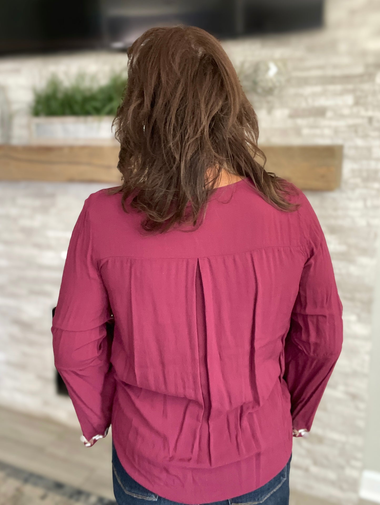 Maroon Embroidered Top with Crisscross Neckline - Size Med