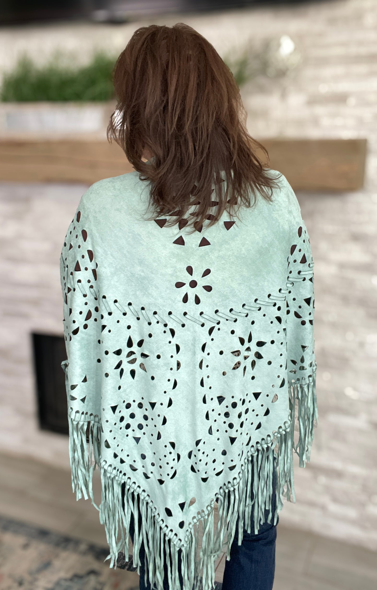 Faux Fringe Cutout Cape Turquoise - One Size