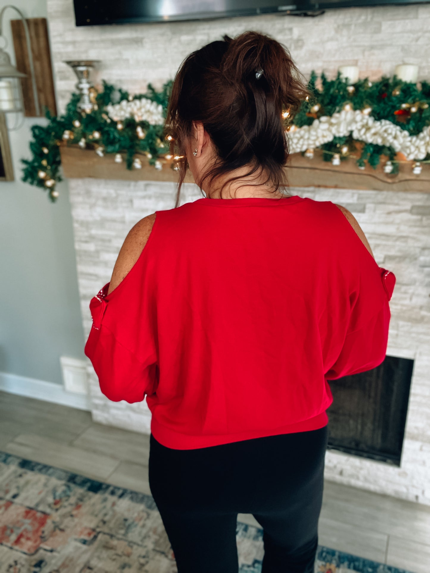 Red Bow Cold Shoulder Top - Size Large