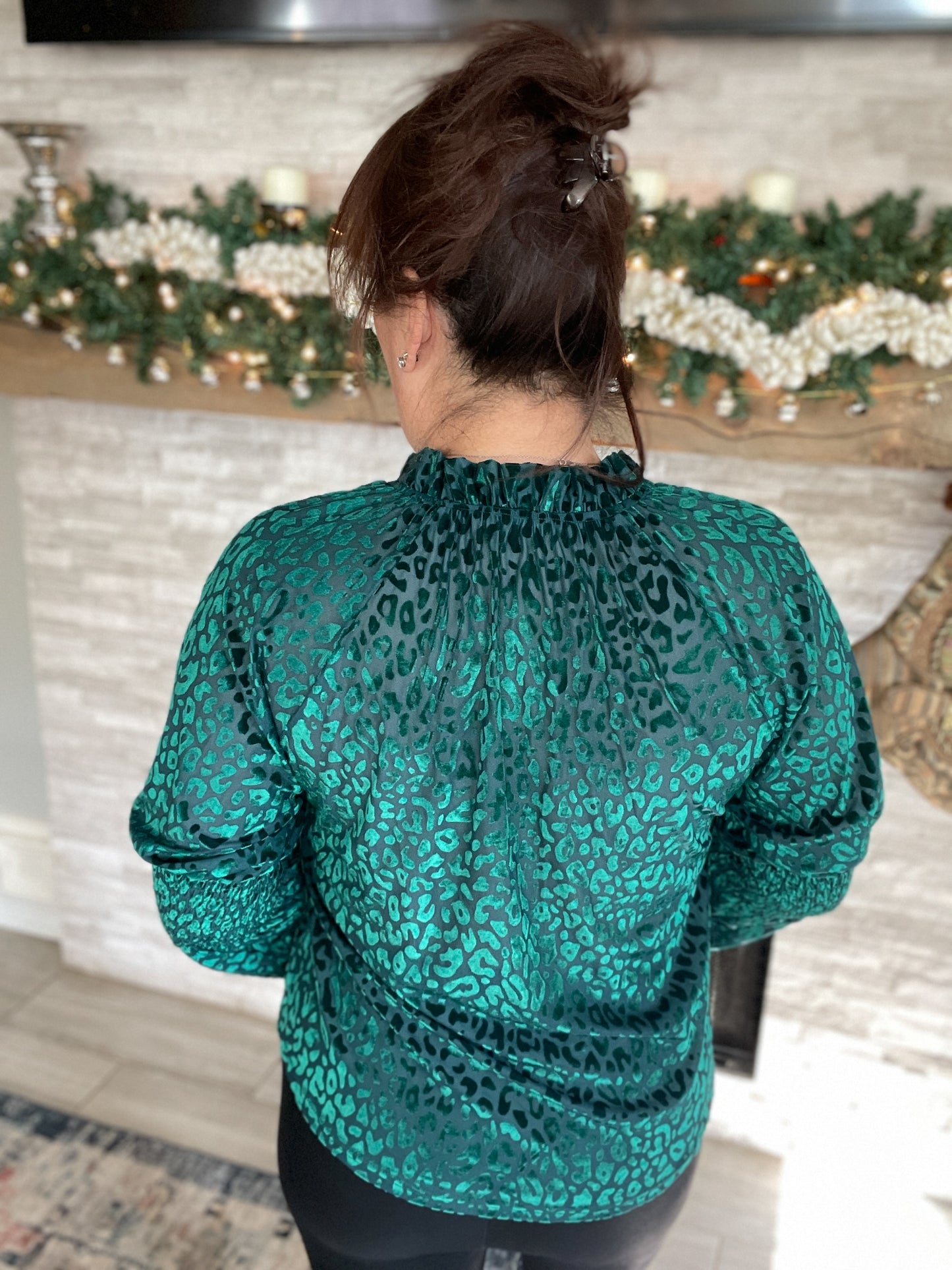 Green Velvet Leopard Print Top - Size Large