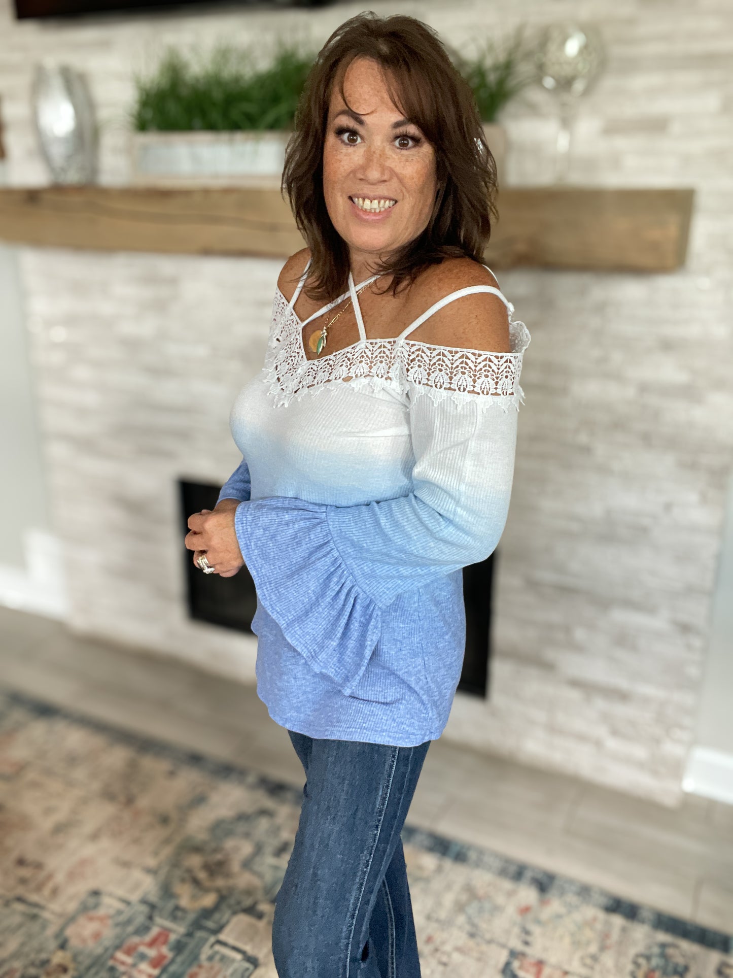 Cold Shoulder Blue Ombre Long Sleeve Top - Size Small