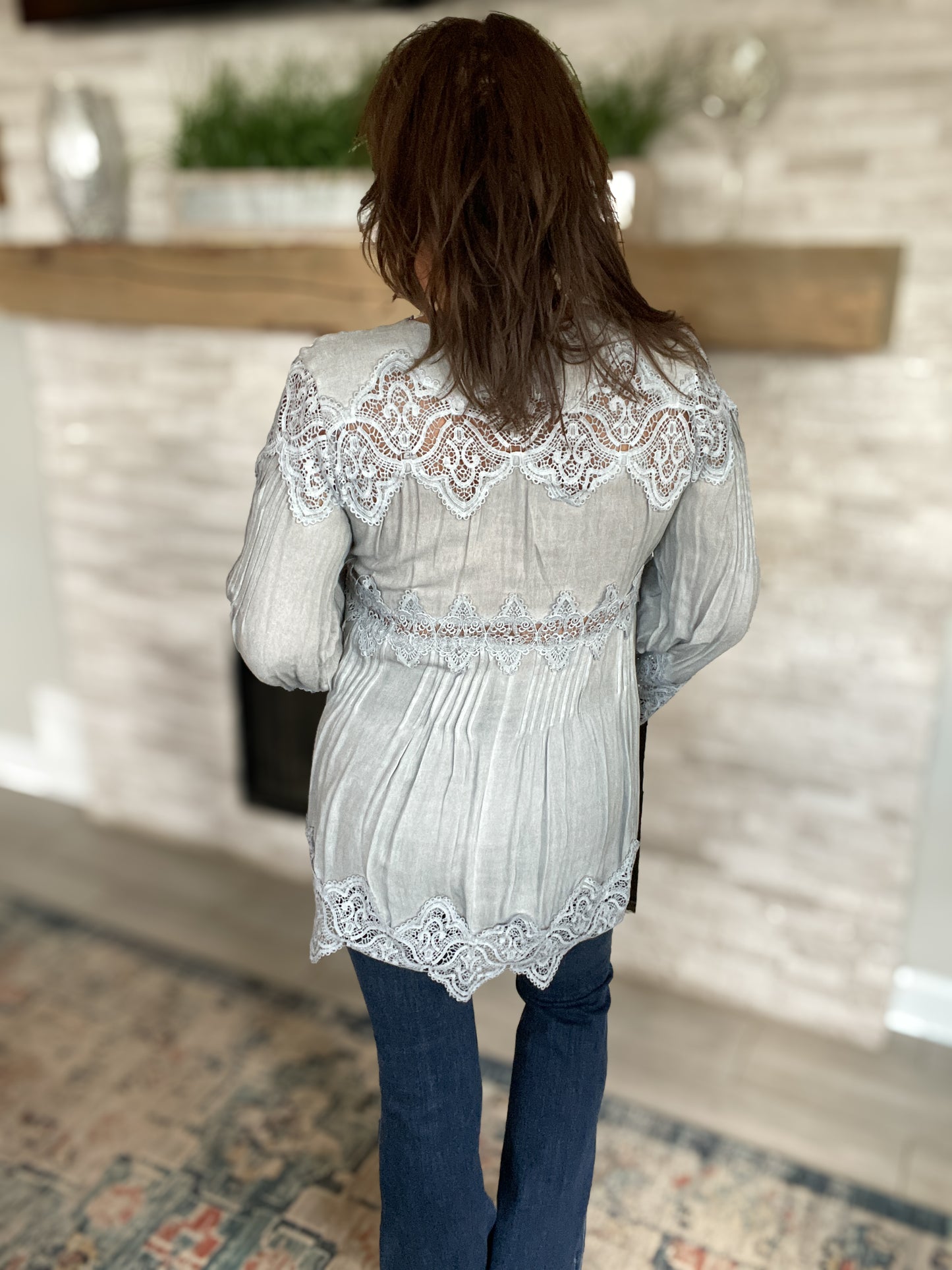 Grey Bell Sleeve Tunic Top With Crochet Detailing - Size Large