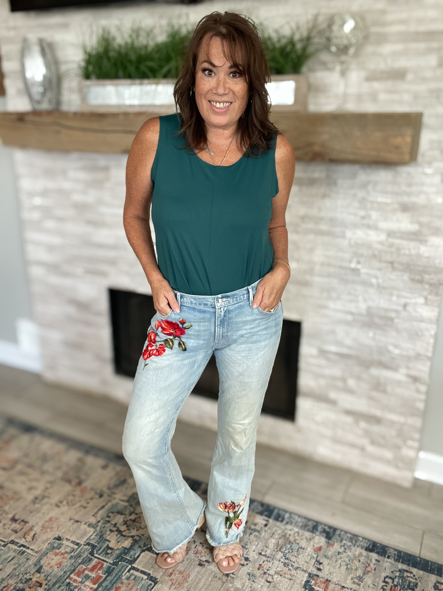 Driftwood Eva Embroidered Floral Raw Hem Flare Jeans - Size 32