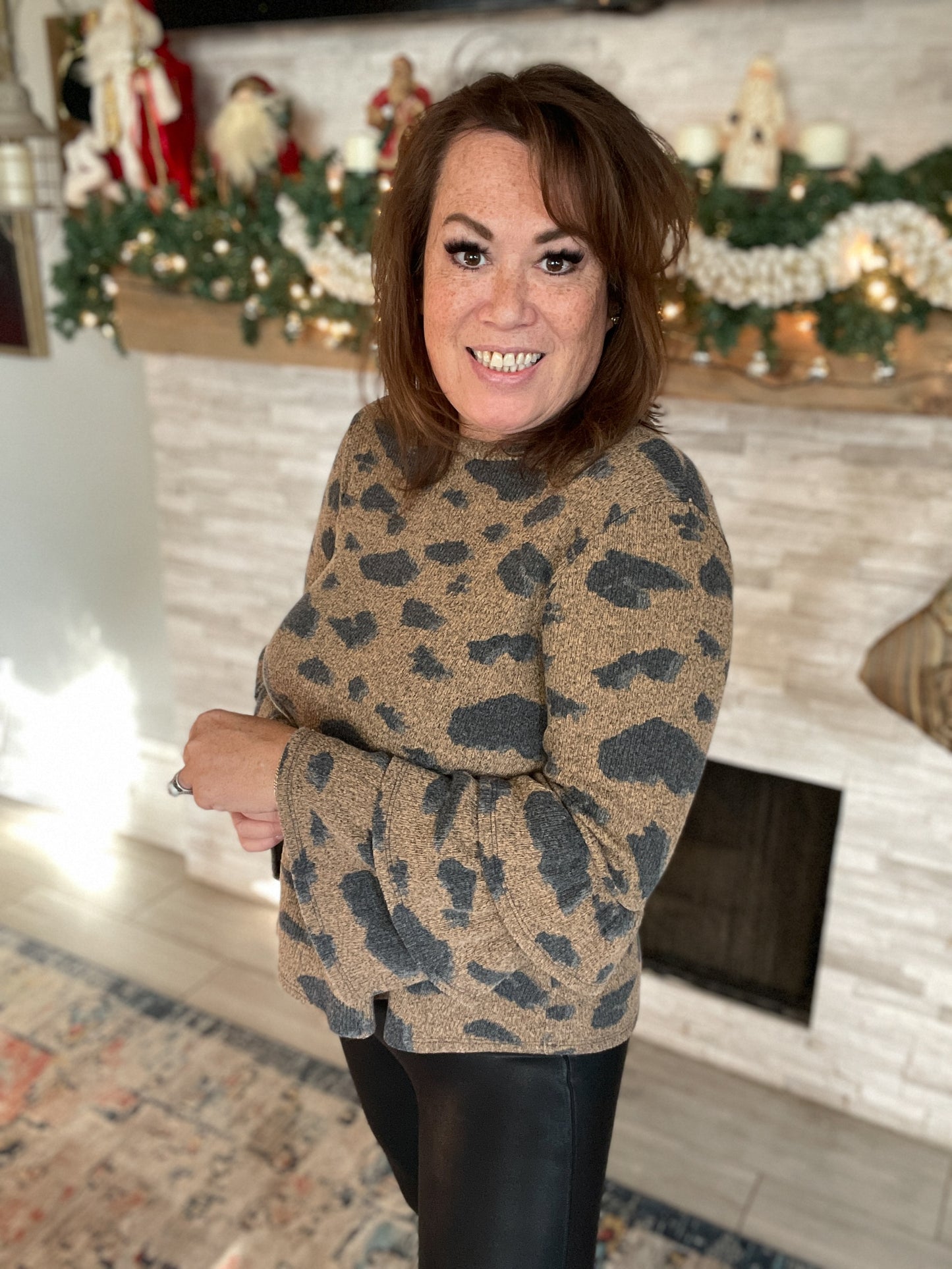 Leopard Print Ruffle Sleeve Sweater - Size Large