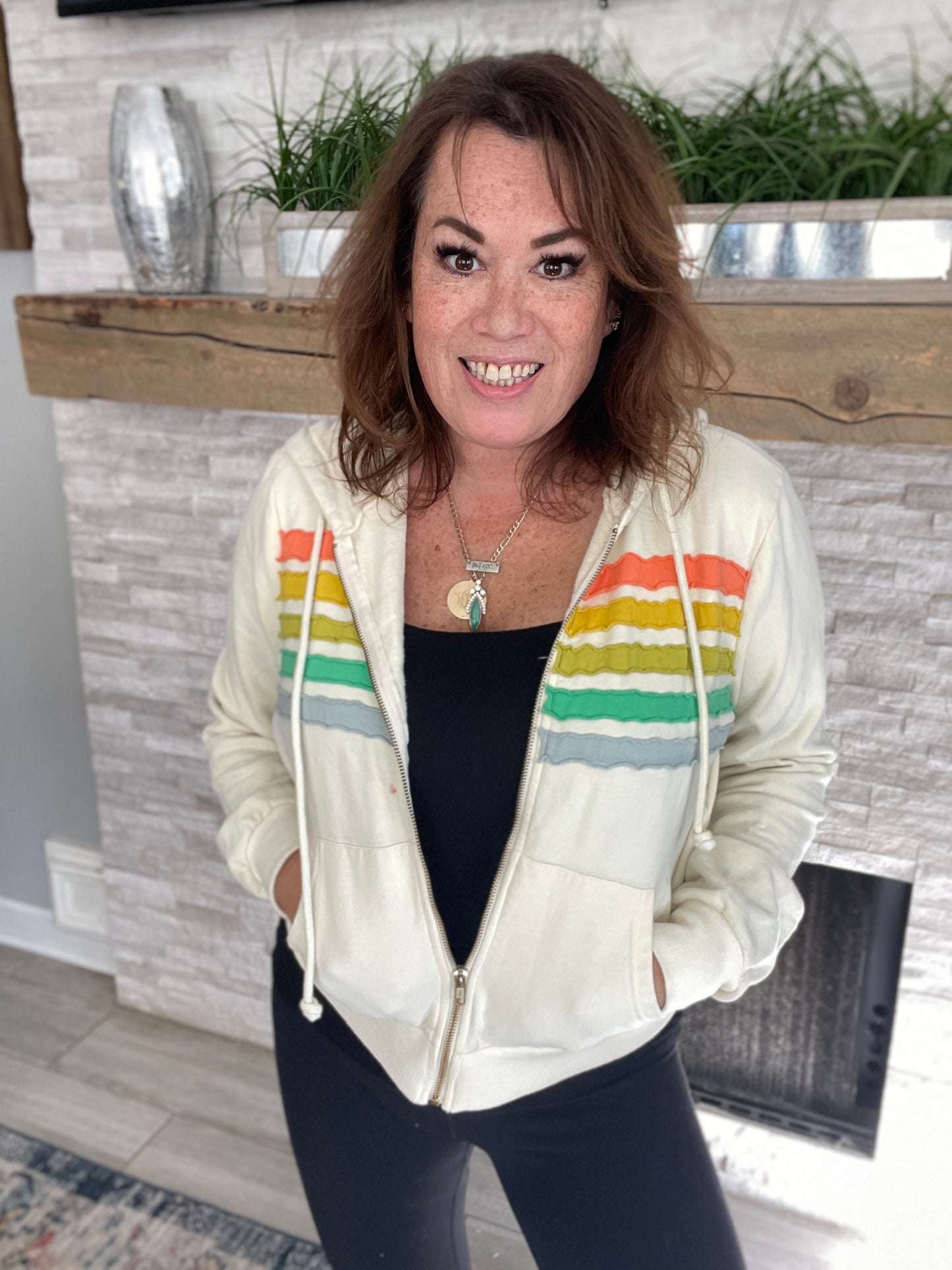 By Together Cream Rainbow Zip Up Hoodie - Size Med