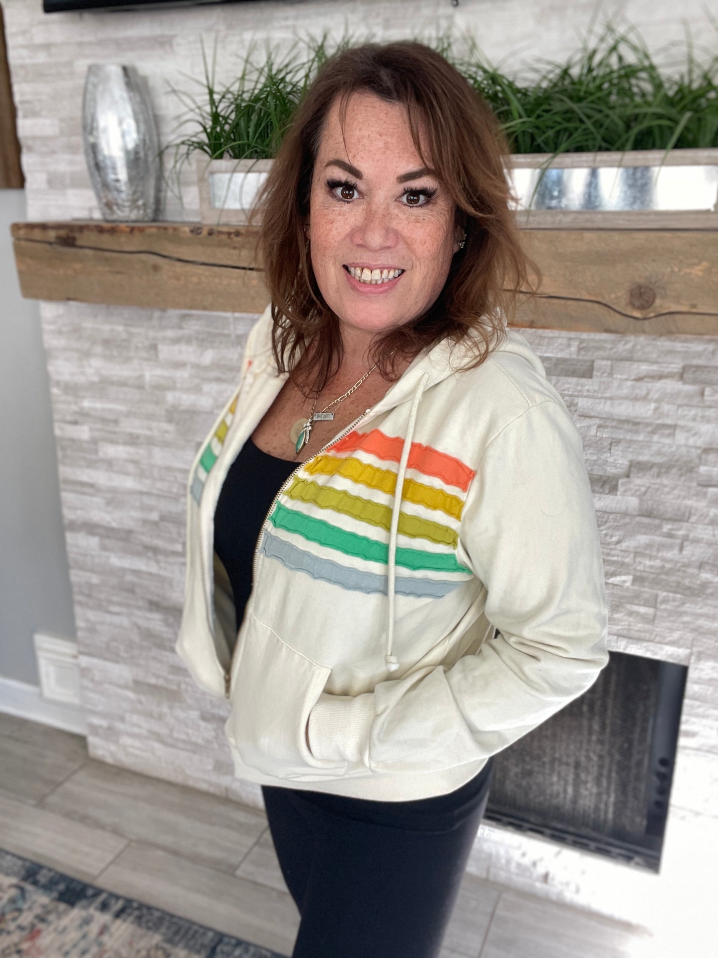 By Together Cream Rainbow Zip Up Hoodie - Size Med