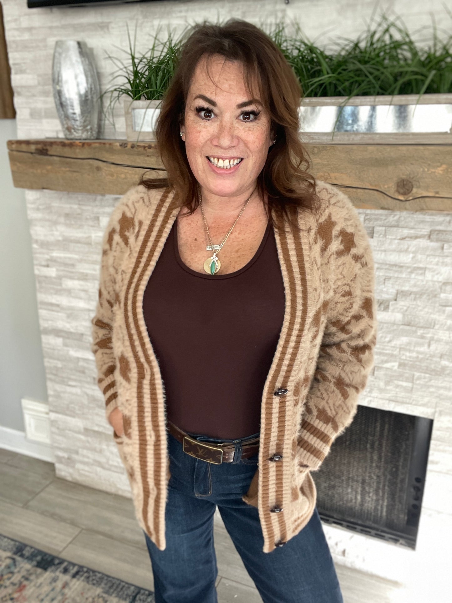 Houndstooth Button Down Cardigan - Size Med