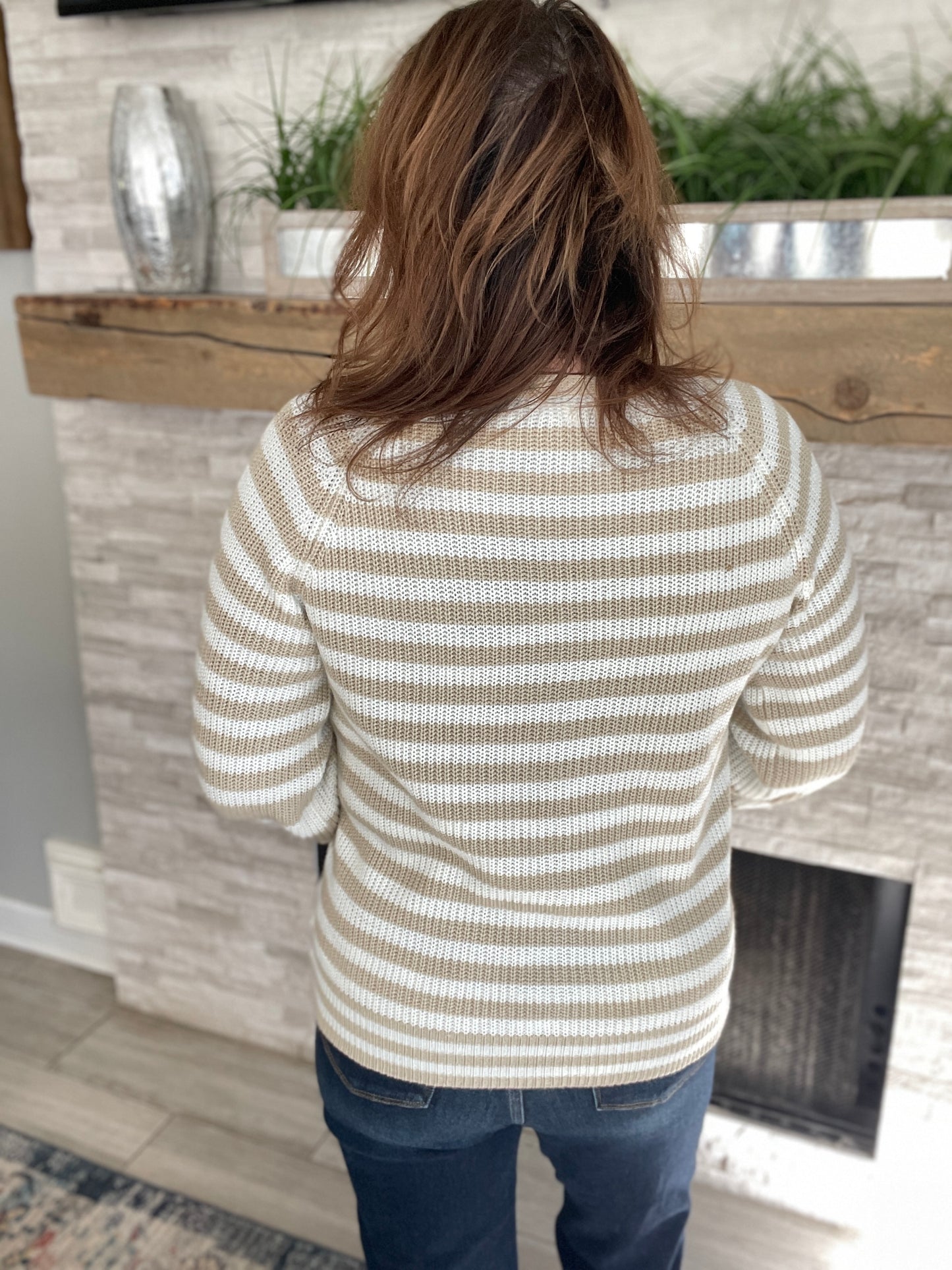 Cropped Khaki Striped Cardigan - Size Small