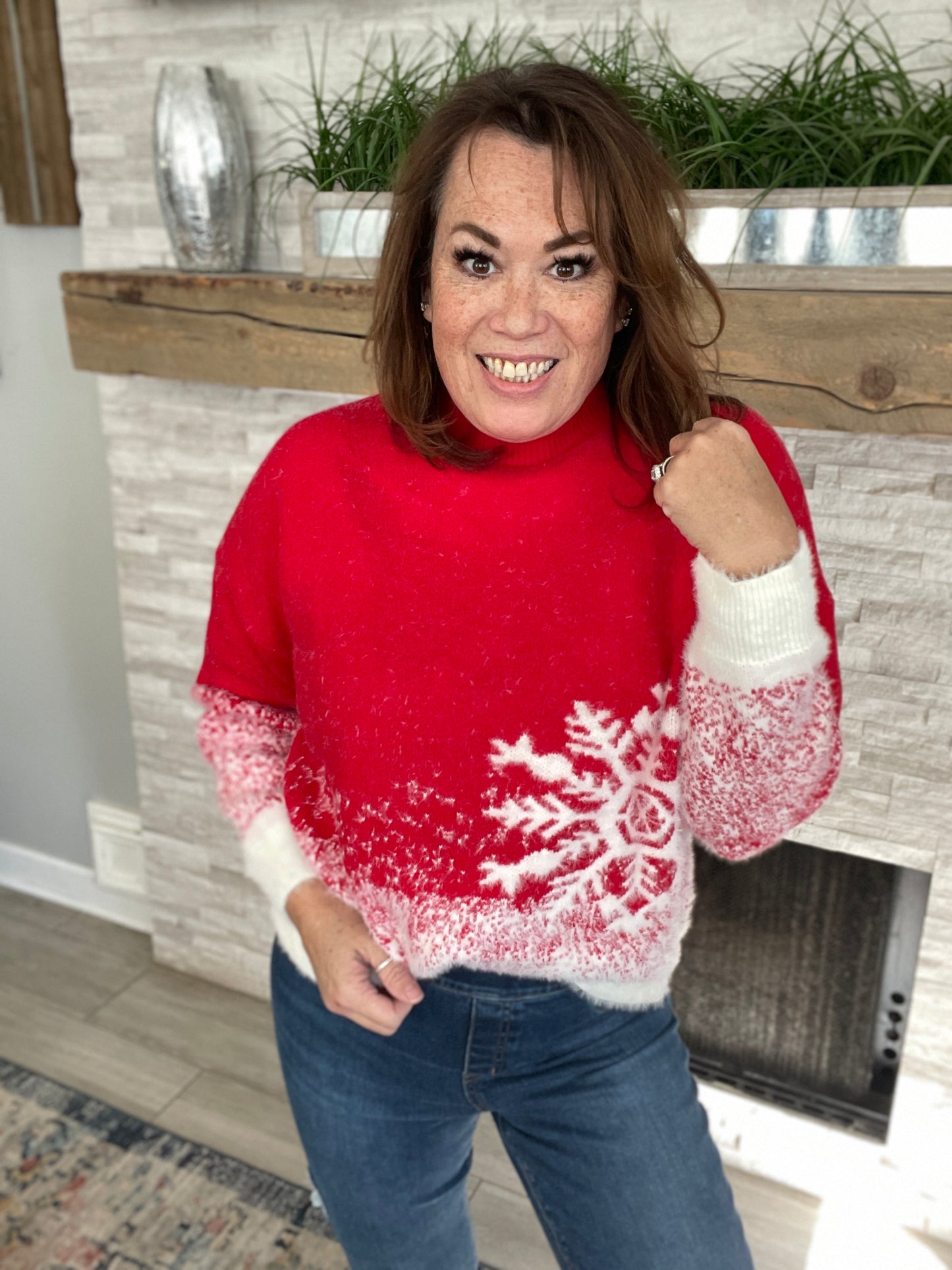 Mock Turtleneck Long Sleeve Snowflake Color Block Sweater - Size M/L