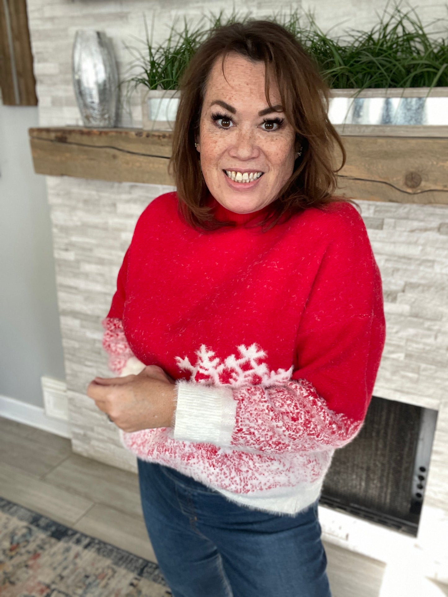 Mock Turtleneck Long Sleeve Snowflake Color Block Sweater - Size M/L