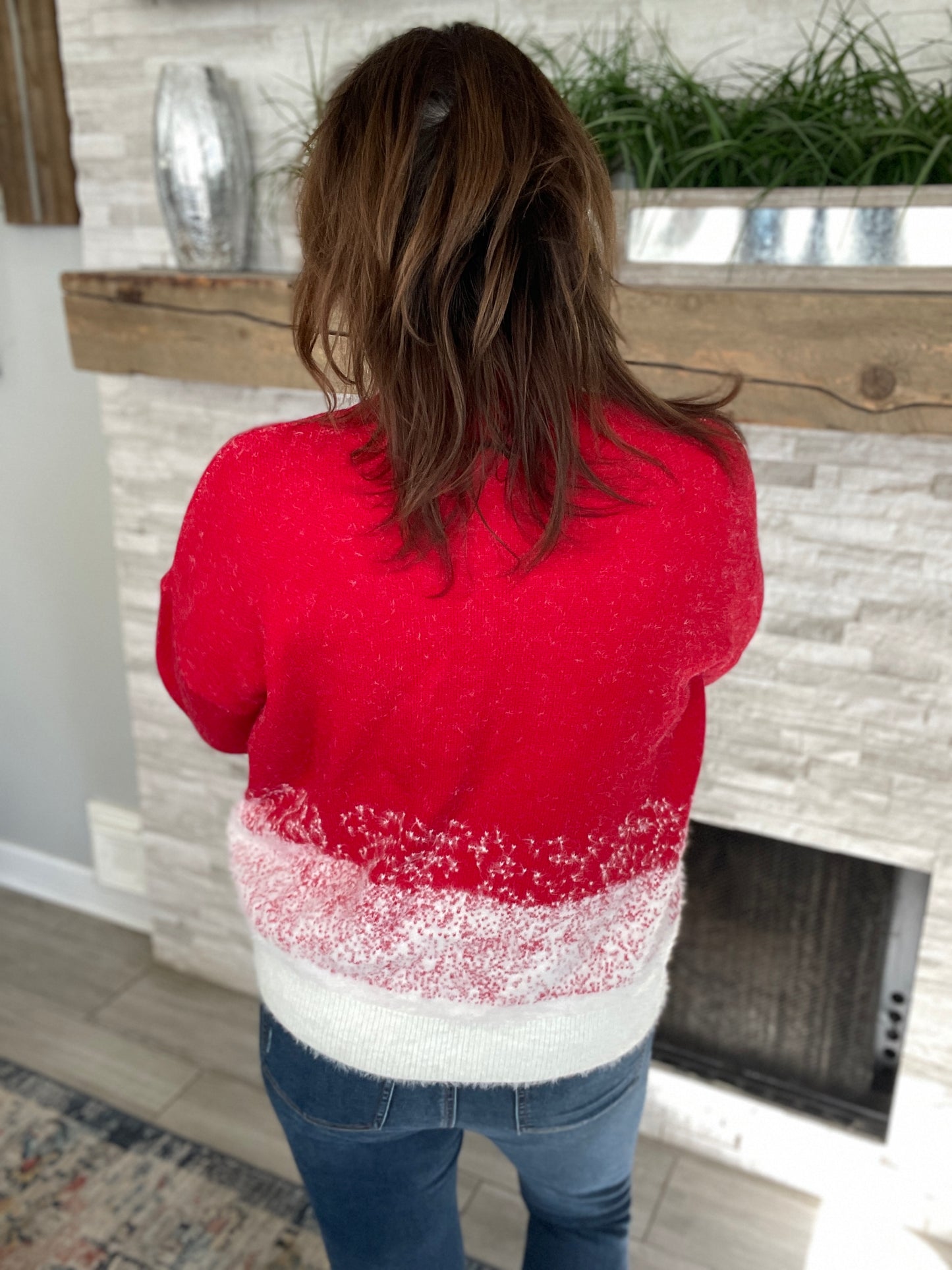 Mock Turtleneck Long Sleeve Snowflake Color Block Sweater - Size M/L