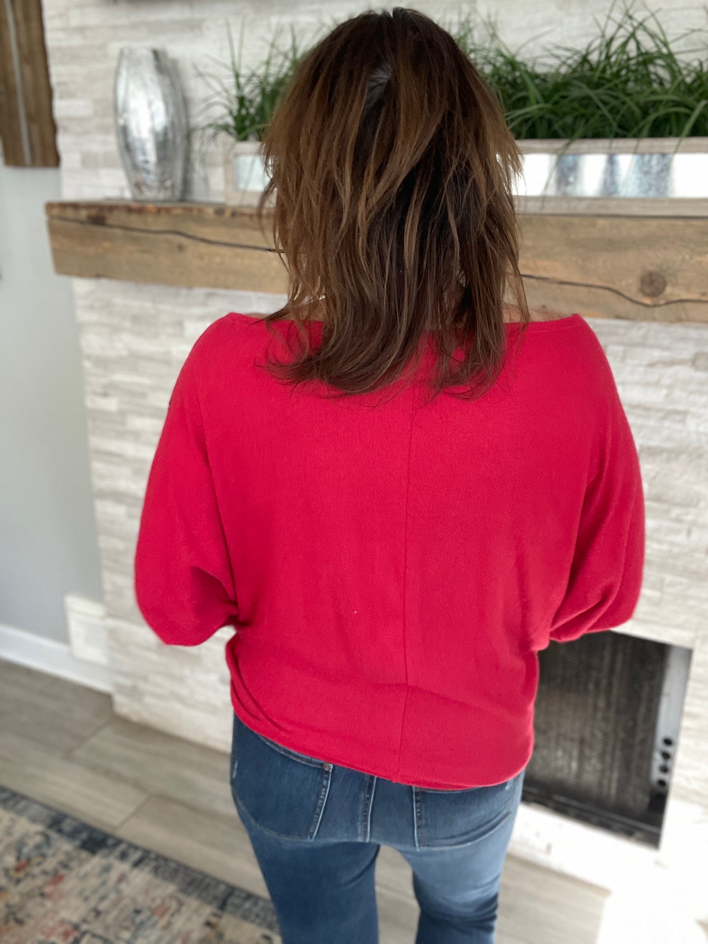 Red Off The Shoulder Long Sleeve Knit Top - Size Med