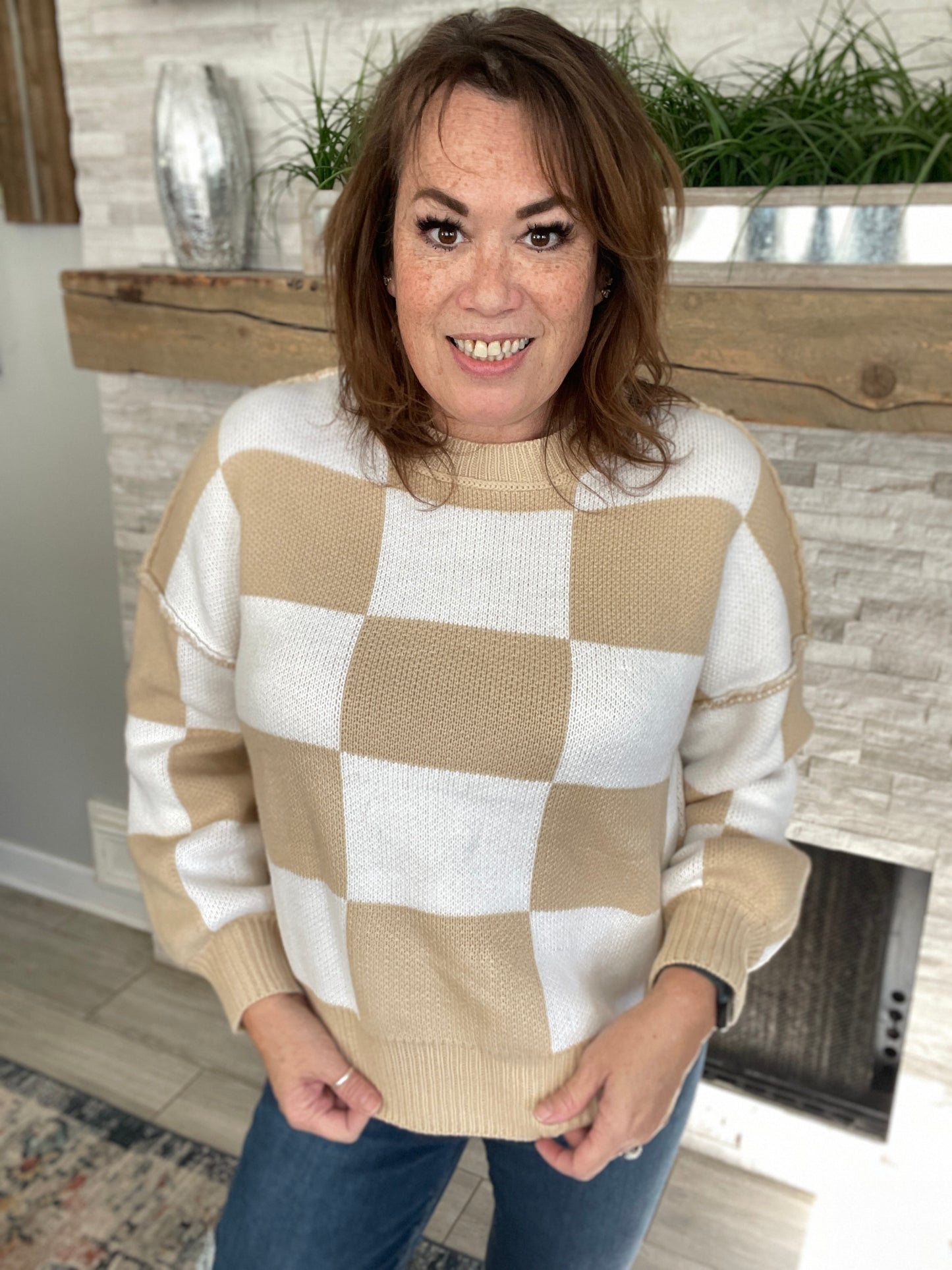 Checkered Crew Neck Sweater Beige/White NWT - Size Med