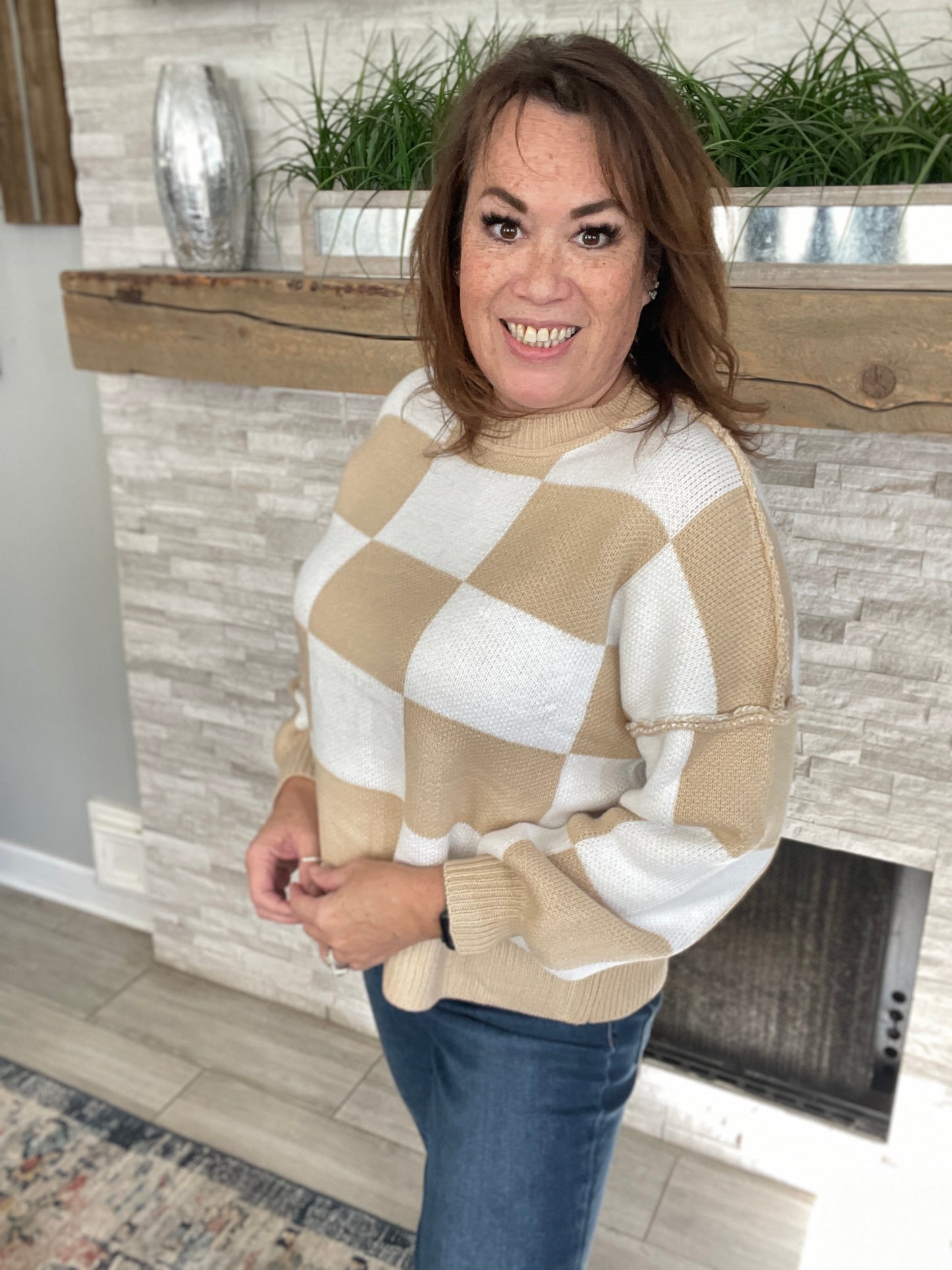 Checkered Crew Neck Sweater Beige/White NWT - Size Med