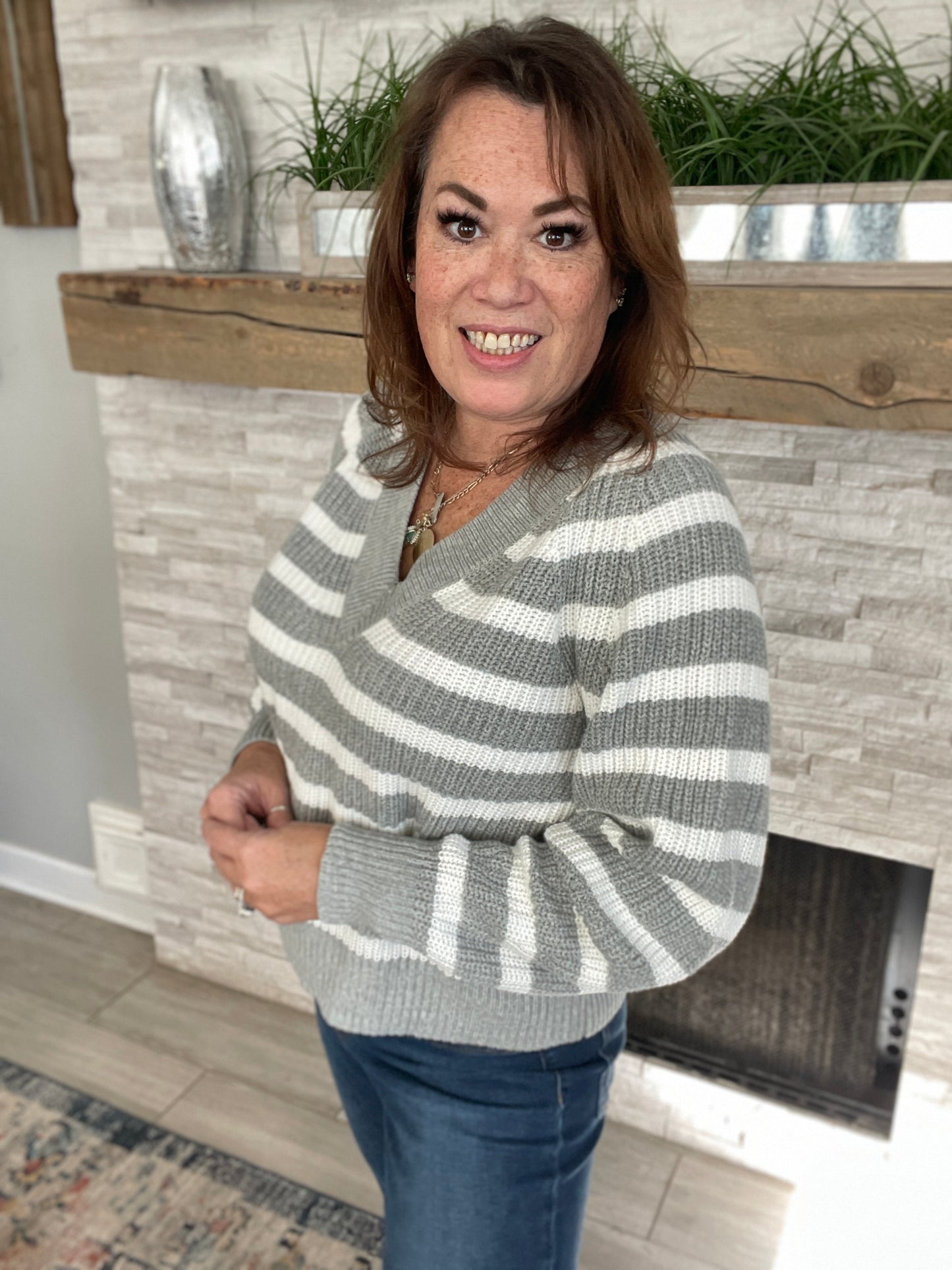 Grey & White Stripe V-Neck Sweater - Size Large