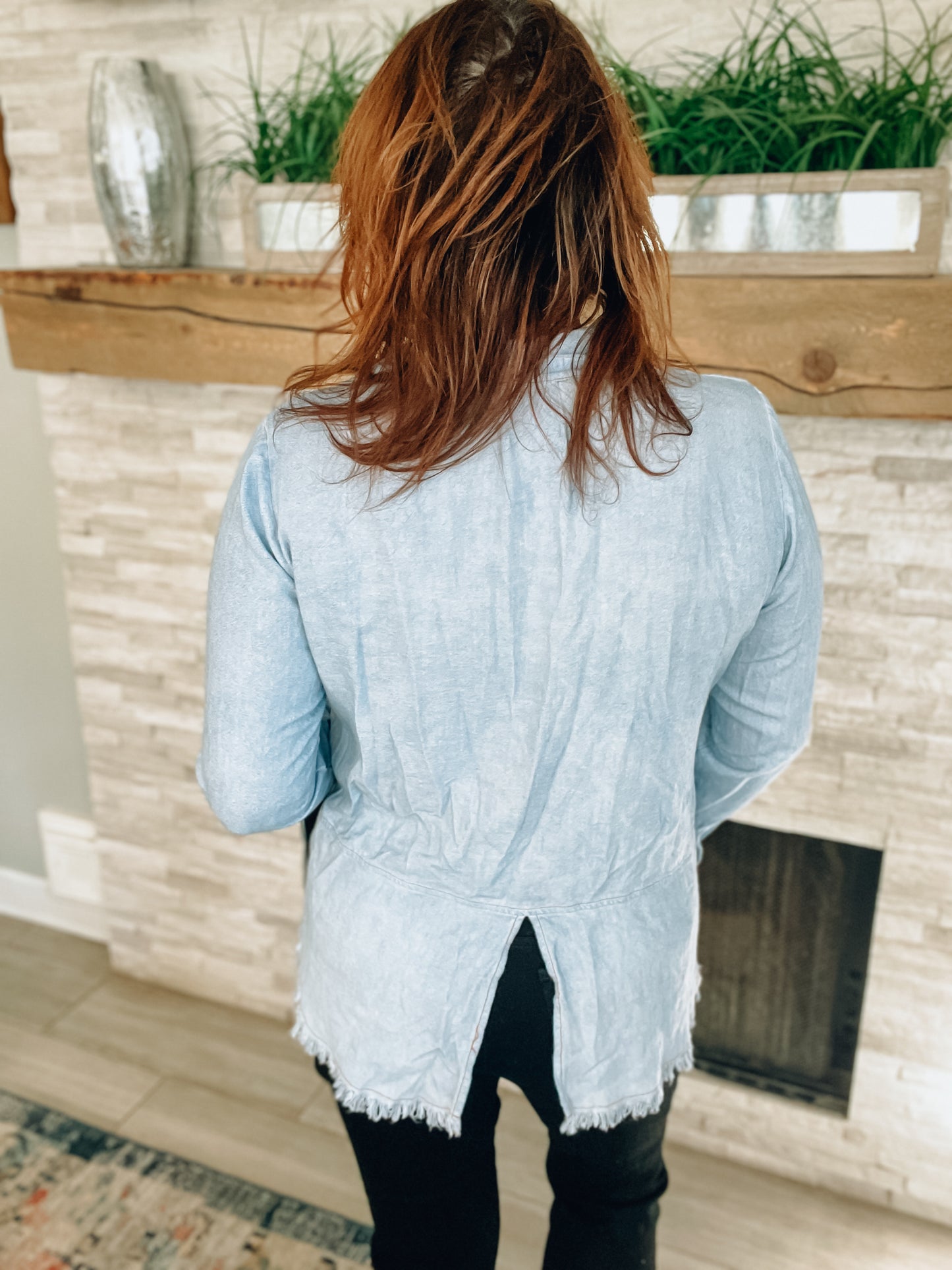 Umgee Button Down Boyfriend Shirt With Frayed Hem - Size Med