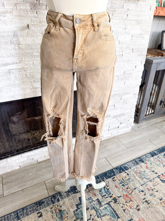 High Rise Distressed Straight Leg Mocha Denim Cropped Jeans by Risen - Size 3/26