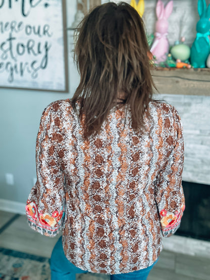 Savanna Jane Brown Print Embroidered Tunic with Bell Sleeve - Size Med