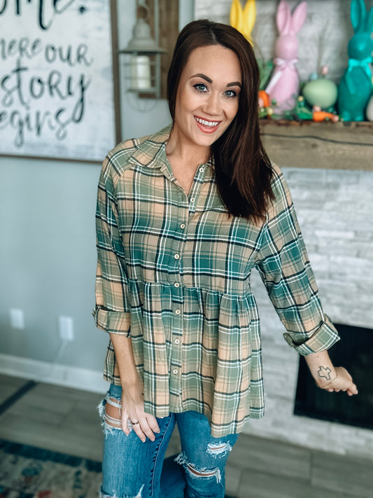 Green Plaid Babydoll Top - Size Small