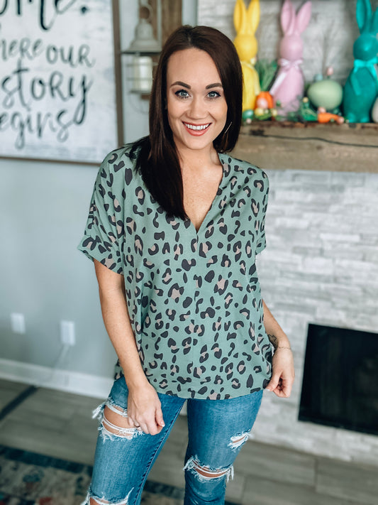 Green Leopard Print Top - Size Small