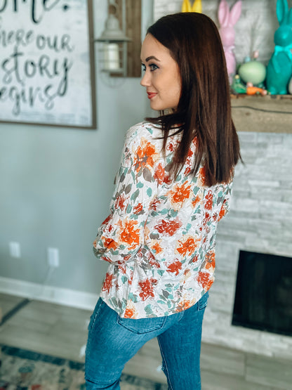 Rust/Cream Floral Printed Top - Size Medium