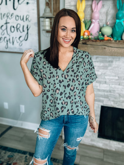 Green Leopard Print Top - Size Small