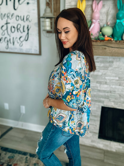 Blue/Mustard Printed Short Sleeve Top - Size Medium