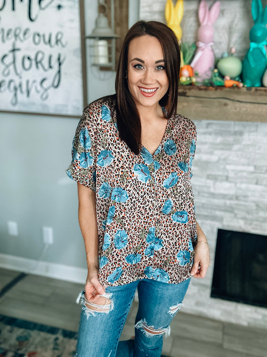 Leopard & Floral Print Top - Size Small