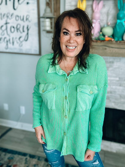 Bucket List Spring Green Mineral Wash Waffle Knit Shacket - Size Small