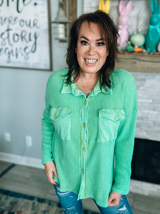 Bucket List Spring Green Mineral Wash Waffle Knit Shacket - Size Small