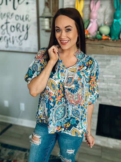 Blue/Mustard Printed Short Sleeve Top - Size Medium