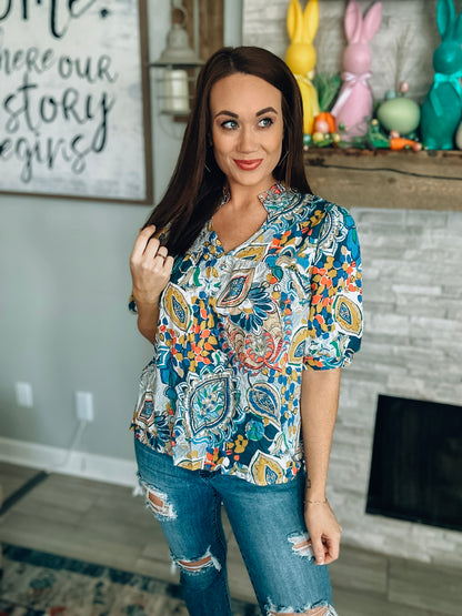 Blue/Mustard Printed Short Sleeve Top - Size Medium