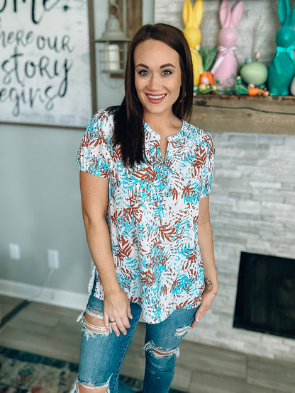 Cream/Brown/Blue Printed Short Sleeve Top - Size Medium