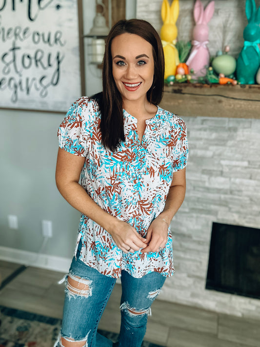 Cream/Brown/Blue Printed Short Sleeve Top - Size Medium