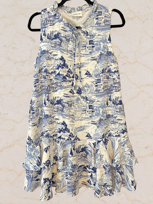 Blue Ruffle Hem Sleeveless Dress