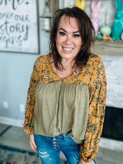 Olive Swiss Dot Boho Sleeve Blouse - Size Med