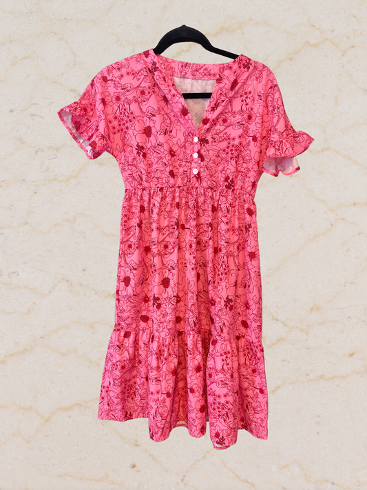 Hot Pink Floral Ruffle Sleeve Dress - Size Small