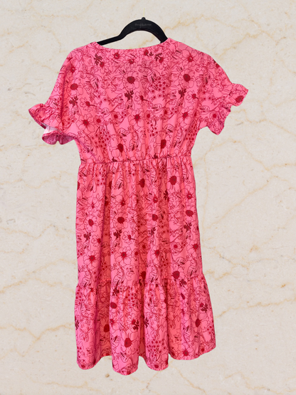 Hot Pink Floral Ruffle Sleeve Dress - Size Small