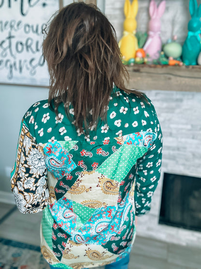 Green Paisley Print Button Down - Size Med