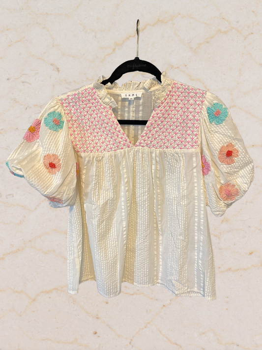 THML Embroidered Puff Sleeve Babydoll Top - Size XS