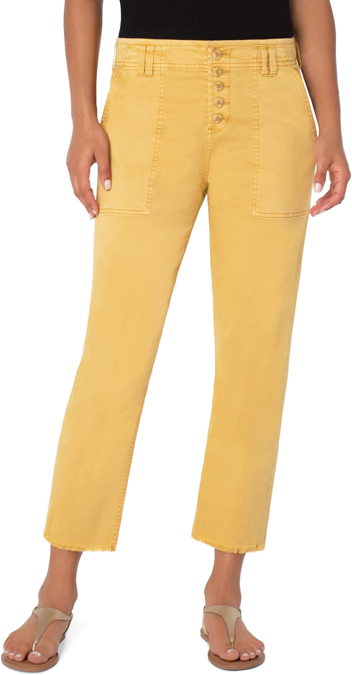 High-Rise Crop Straight w/ Exposed Button Fly & Fray in Golden Glow by Liverpool - Size 14/32