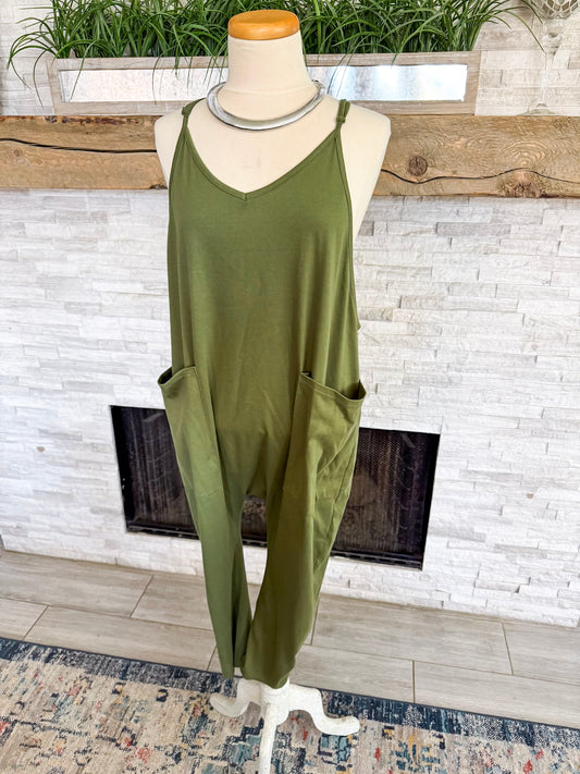 Olive Knit Jumpsuit With Pockets - Size Small