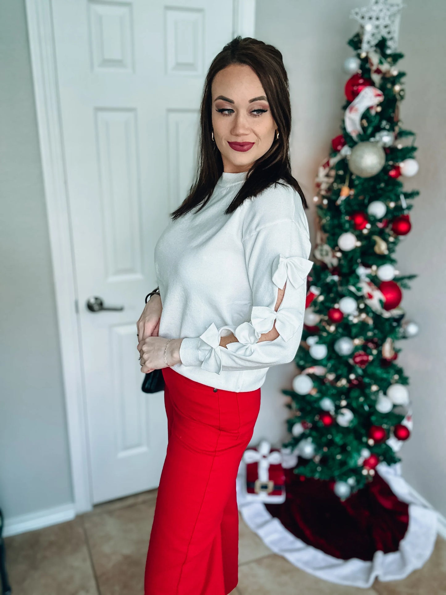 Bow Sleeve White Sweater - Sizes Medium & Large