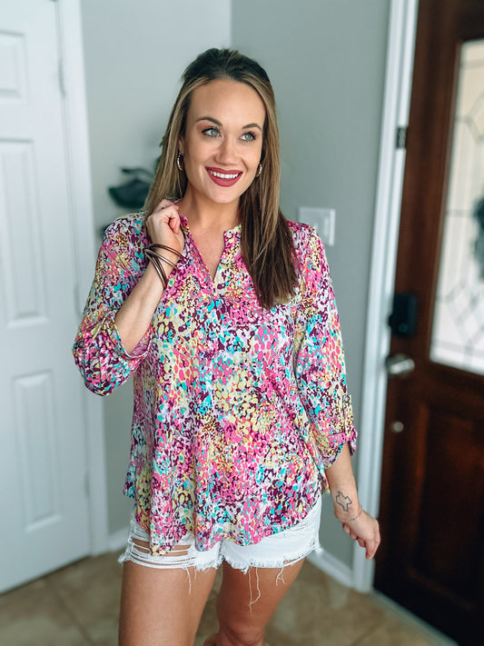Pink and Purple Leopard 3/4 Sleeve Top - Medium