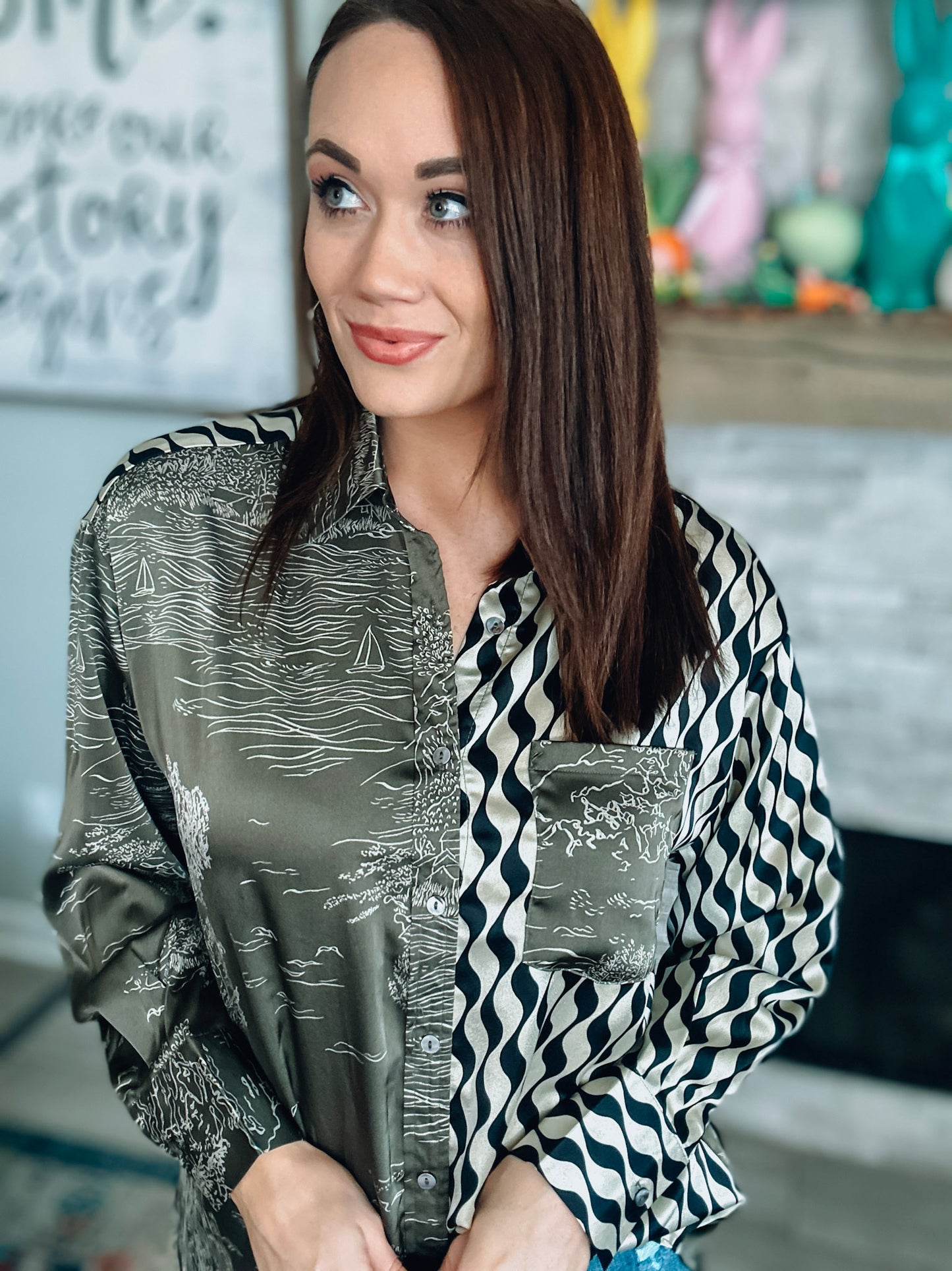 Olive Double Printed Button Up - Size Small