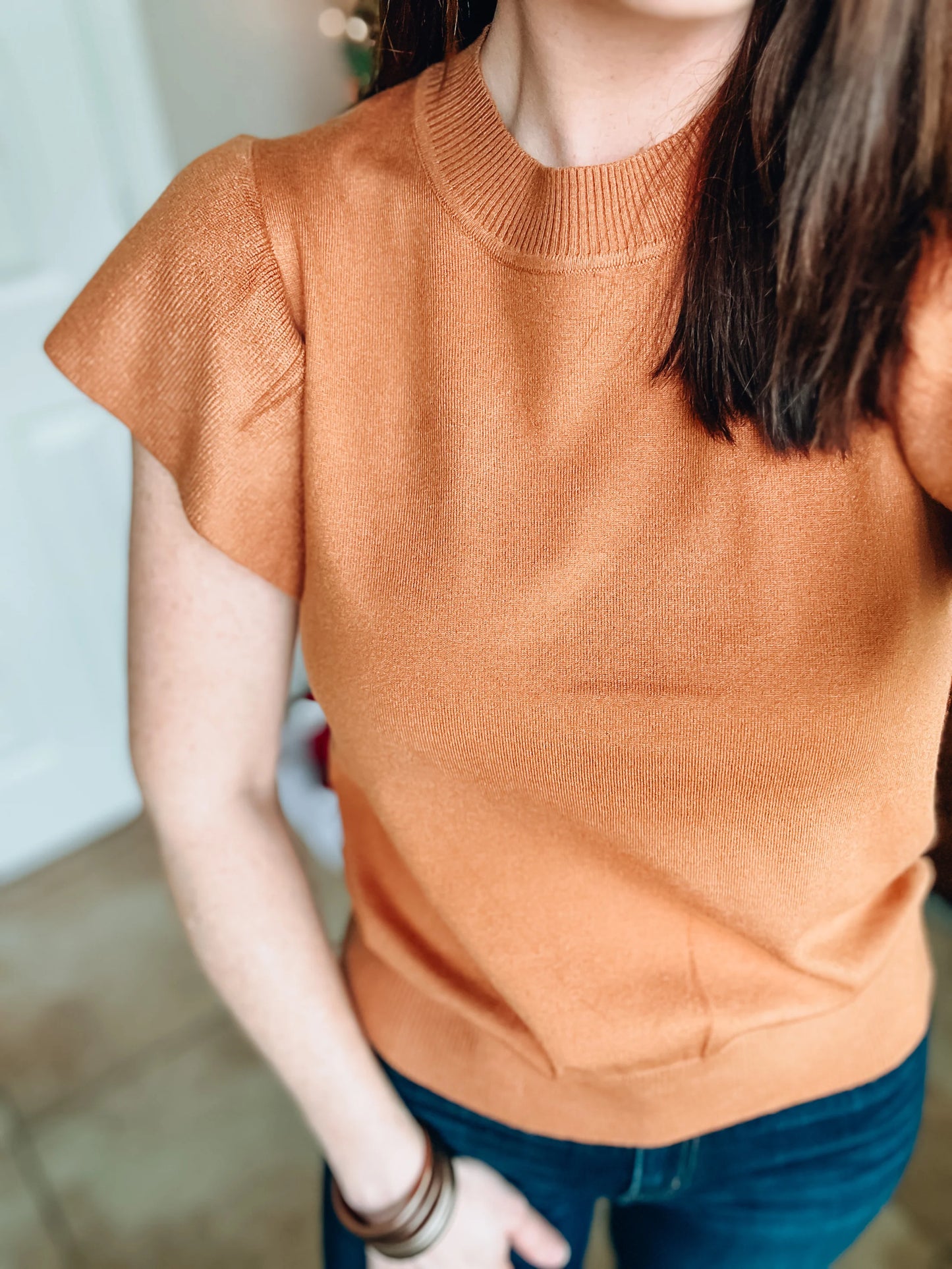 Camel Crew Neck Sweater Top with Ruffle Sleeve NWT - Sizes Small, Medium & Large