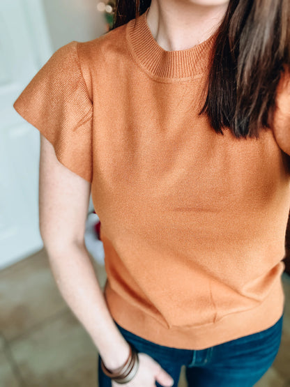 Camel Crew Neck Sweater Top with Ruffle Sleeve NWT - Sizes Small, Medium & Large